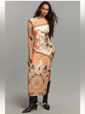 Farm Rio Anthropologie Long Sleeve Mock Neck Mesh Slim Midi-Orange Bandana, NWT